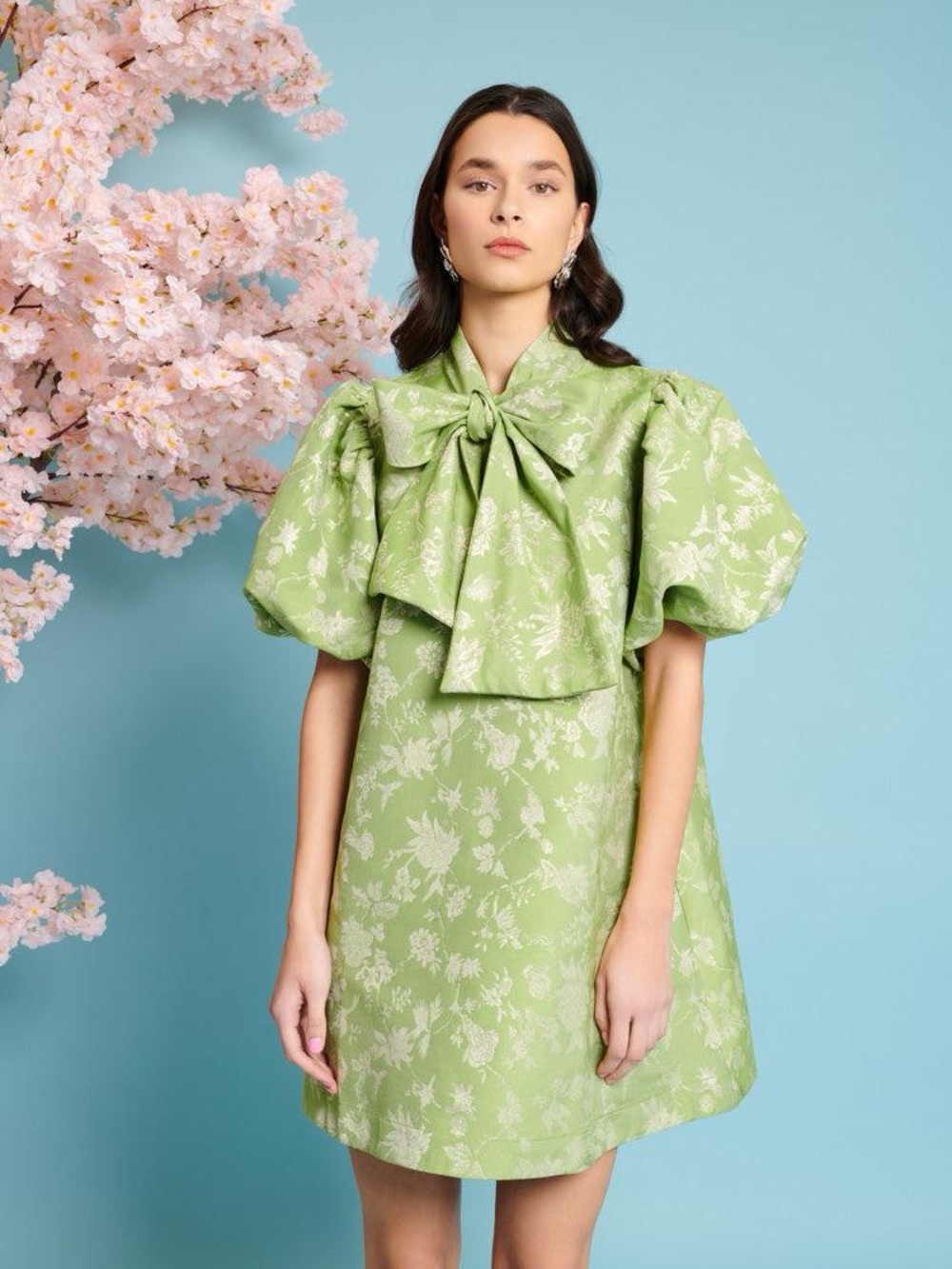 Sister Jane Green Puff-Sleeve Floral Tie-Neck Dress